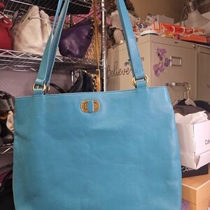 Blue Leather Tote Bag